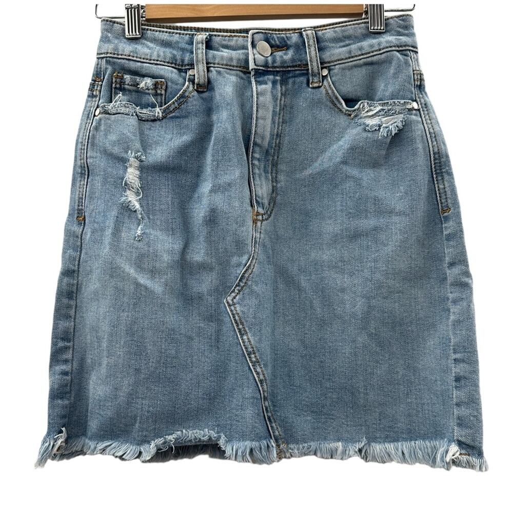 AFRM Denim Fitted Decon Light Wash Distressed Raw‎ Hem Mini Skirt Size 27